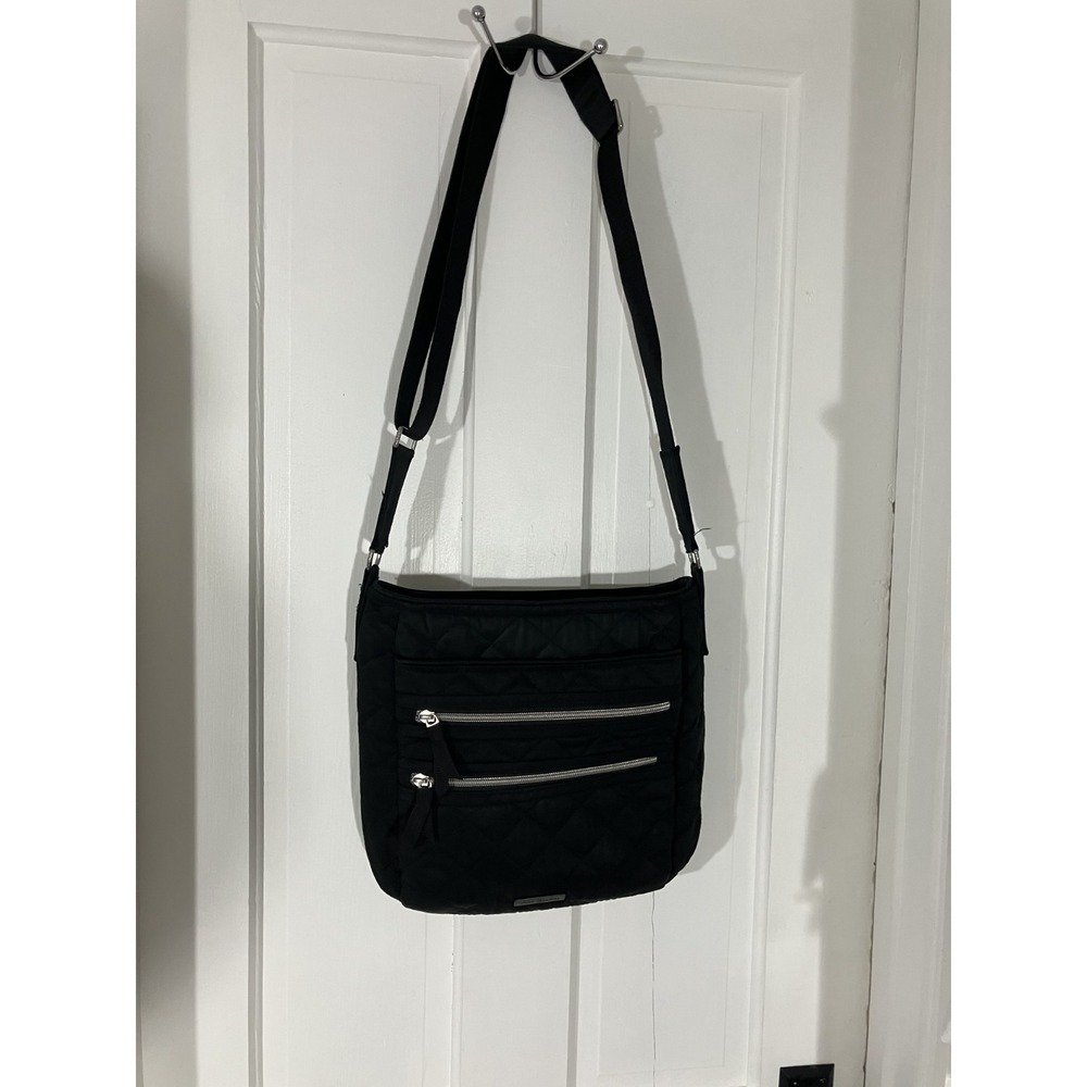 Vera Bradley Black Quilted Crossbody Bag Adjustable Strap Zipper Floral Lining - Picture 2 of 9